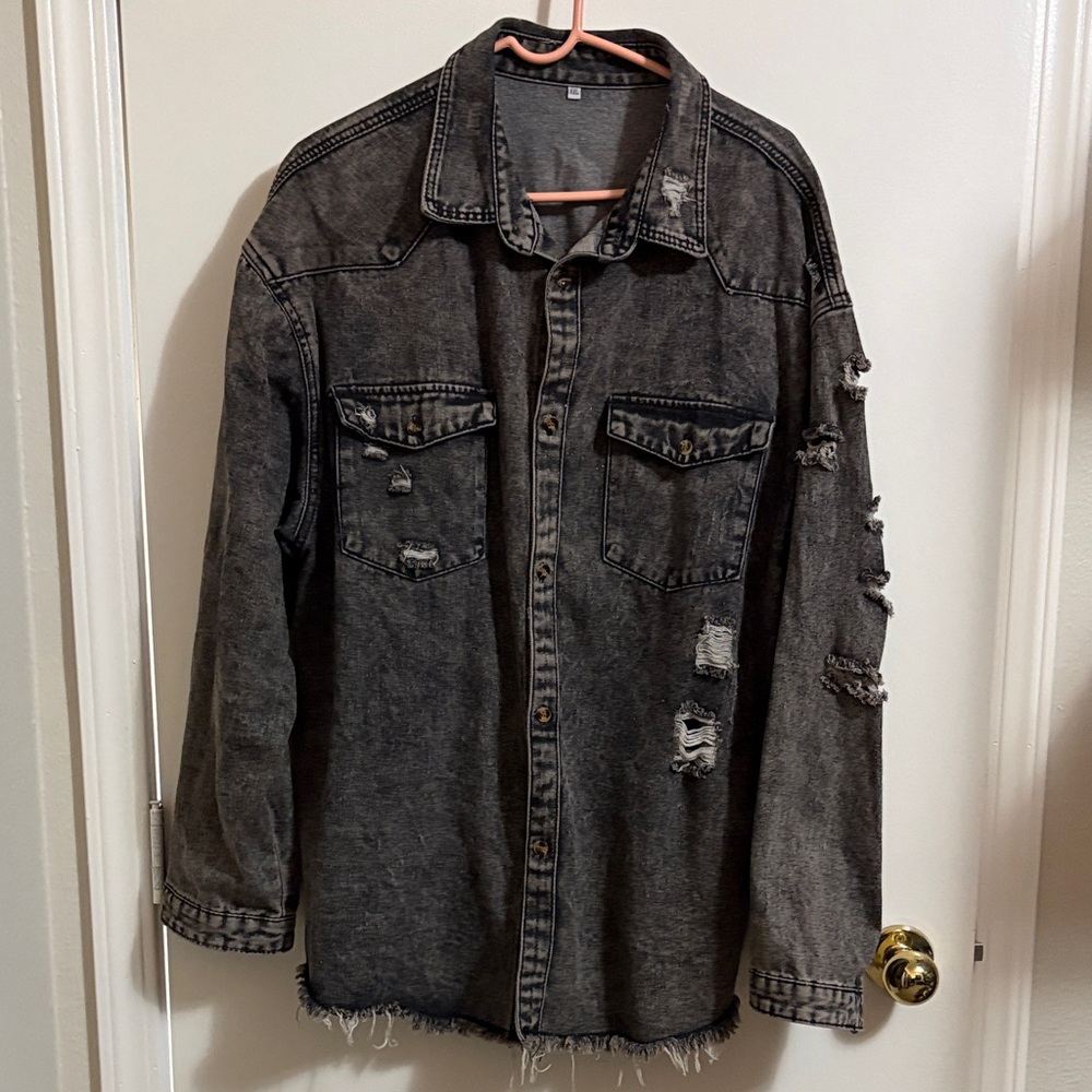 Men's Distressed Black Denim Charcoal Shirt Jacket